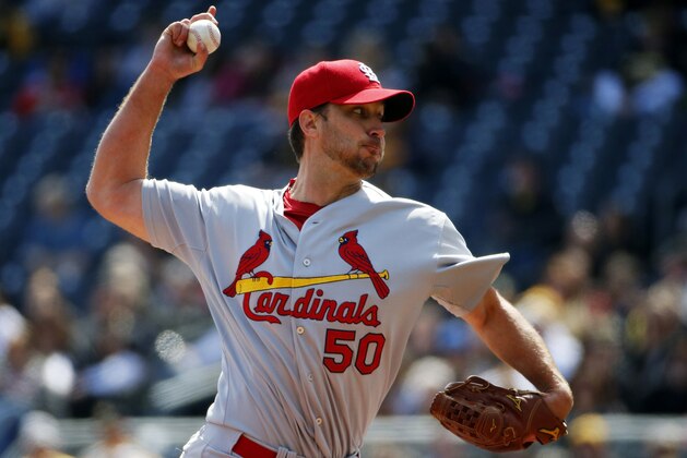 St. Louis Cardinals starting pitcher Adam Wainwright (50) delivers during the third inning of a baseball game against the Pittsburgh Pirates in Pittsburgh, Sunday, April 6, 2014. (AP Photo/Gene J. Puskar)