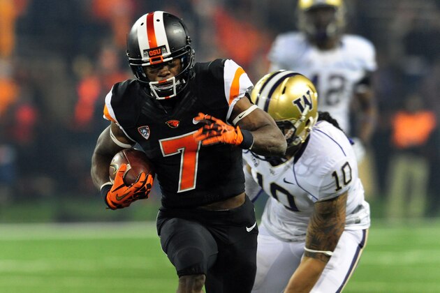 EUGENE, OR - NOVEMBER 23: Wide receiver Brandin Cooks #7 of the Oregon State Beavers heads to the end zone for a touchdown during the third quarter of the game against the Washington Huskies at Reser Stadium on November 23, 2013 in Eugene, Oregon. (Photo by Steve Dykes/Getty Images)