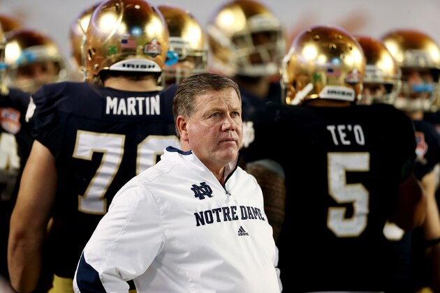 MIAMI GARDENS, FL - JANUARY 07:  Head coach Jim Kelly of the Notre Dame Fighting Irish looks on from the sidelines against the Alabama Crimson Tide during the 2013 Discover BCS National Championship game at Sun Life Stadium on January 7, 2013 in Miami Gardens, Florida.  (Photo by Streeter Lecka/Getty Images)