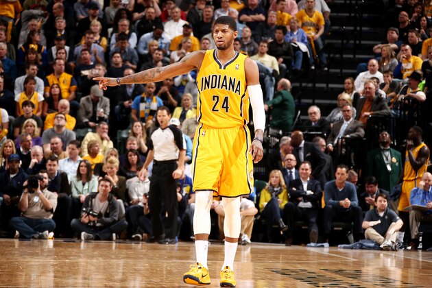 INDIANAPOLIS, IN - MARCH 26: Paul George #24 of the Indiana Pacers reacts during a game on March 26, 2014 at Bankers Life Fieldhouse in Indianapolis, IN.  NOTE TO USER: User expressly acknowledges and agrees that, by downloading and or using this photograph, User is consenting to the terms and conditions of the Getty Images License Agreement. Mandatory Copyright Notice: Copyright 2014 NBAE  (Photo by Nathaniel S. Butler/NBAE via Getty Images)