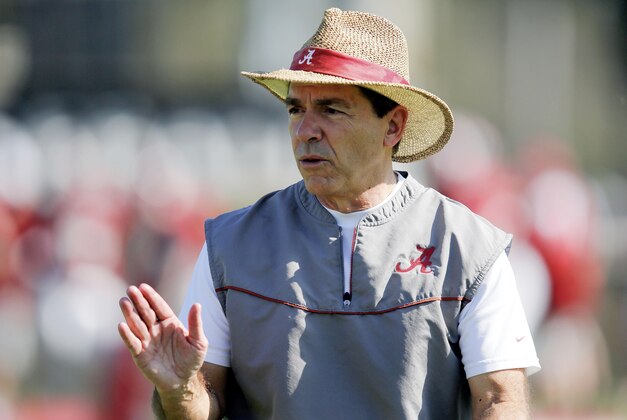 Jan 3, 2013; Miami, FL, USA;  Alabama Crimson Tide head coach Nick Saban during practice for the 2013 BCS National Championship game against the Notre Dame Fighting Irish at Barry University. Mandatory Credit: Robert Mayer-USA TODAY Sports