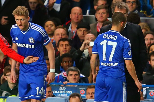 LONDON, ENGLAND - APRIL 08: Eden Hazard of Chelsea is replaced by Andre Schurrle of Chelsea  during the UEFA Champions League Quarter Final second leg match between Chelsea and Paris Saint-Germain FC at Stamford Bridge on April 8, 2014 in London, England.  (Photo by Julian Finney/Getty Images)
