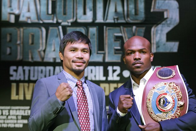 Boxer Manny Pacquiao, of the Phillipines, left, poses for a photo with current WBO World Welterweight champion Timothy Bradley of Indio, Ca., during a press conference Thursday, Feb. 6, 2014, in New York. The pair will face off in a rematch of their previous title fight in Las Vegas, April 12, 2014. Bradley won their first encounter. (AP Photo/Kathy Willens) Boxer Manny Pacquiao, of the Phillipines, left, poses for a photo with current WBO World Welterweight champion Timothy Bradley of Indio, Ca., during a press conference Thursday, Feb. 6, 2014, in New York. The pair will face off in a rematch of their previous title fight in Las Vegas, April 12, 2014. Bradley won their first encounter. (AP Photo/Kathy Willens)