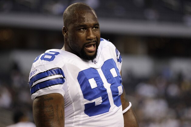 Dallas Cowboys defensive end Marcus Spears (98) before an NFL football game against the Washington Redskins  Monday, Sept. 26, 2011, in Arlington, Texas. The Cowboys won 18-16. (AP Photo/Tony Gutierrez)