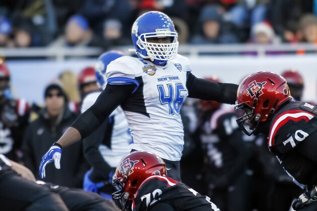 Buffalo linebacker Khalil Mack (46) prepares for a play during the first half of the Famous Idaho Potato Bowl NCAA college football game against San Diego State in Boise, Idaho, on Saturday, Dec. 21, 2013. San Diego State won 49-24. (AP Photo/Otto Kitsinger)