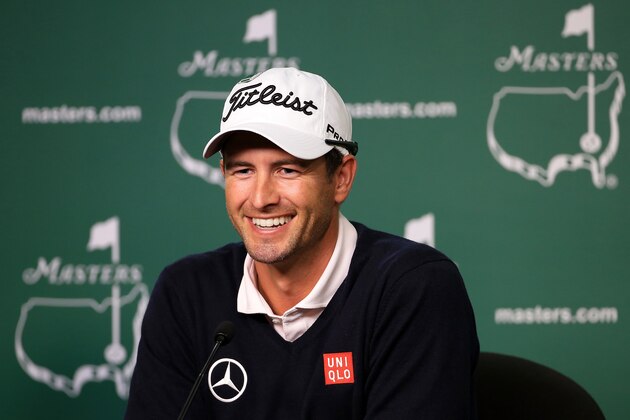 AUGUSTA, GA - APRIL 08:  Adam Scott of Australia speaks with the media during a practice round prior to the start of the 2014 Masters Tournament at Augusta National Golf Club on April 8, 2014 in Augusta, Georgia.  (Photo by David Cannon/Getty Images)