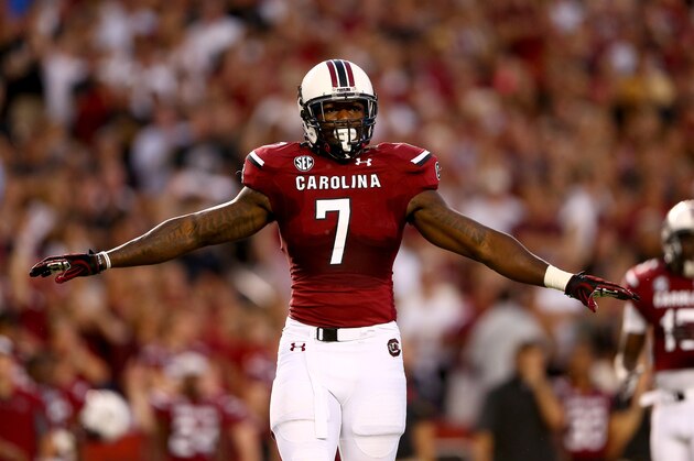 COLUMBIA, SC - SEPTEMBER 14:  Jadeveon Clowney #7 of the South Carolina Gamecocks signals to the sidelines during their game against the Vanderbilt Commodores at Williams-Brice Stadium on September 14, 2013 in Columbia, South Carolina.  (Photo by Streeter Lecka/Getty Images)