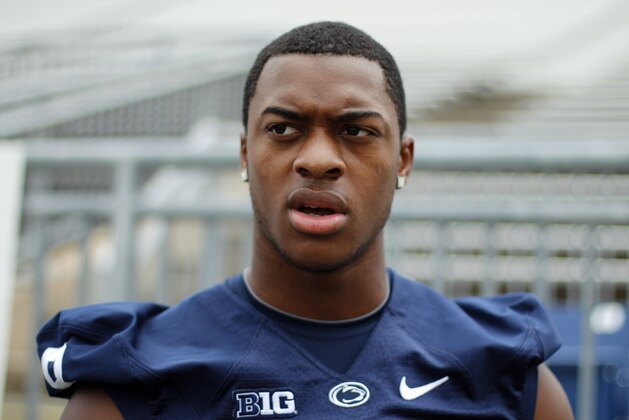 Penn St wide receiver Allen Robinson (8) is interviewed during the NCAA college football team's media day in State College, Pa., Thursday, Aug. 8, 2013. (AP Photo/Gene J. Puskar)