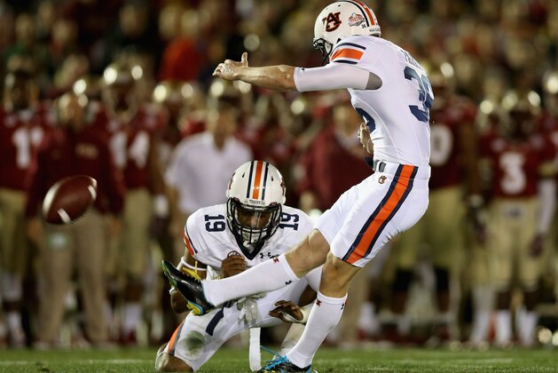 PASADENA, CA - JANUARY 06:  Kicker Cody Parkey #36 of the Auburn Tigers misses a 33-yard field goal in the second quarter of the 2014 Vizio BCS National Championship Game against the Florida State Seminoles at the Rose Bowl on January 6, 2014 in Pasadena, California.  (Photo by Jeff Gross/Getty Images)