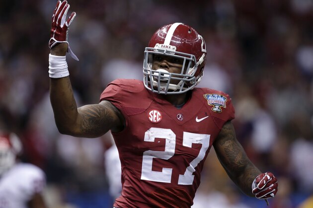 Alabama running back Derrick Henry celebrates his touchdown during the second half of the NCAA college football Sugar Bowl against Oklahoma in New Orleans, Thursday, Jan. 2, 2014. (AP Photo/Patrick Semansky)