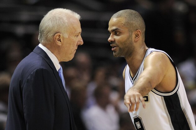 San Antonio Spurs guard Tony Parker, right, of France, talks to Spurs coach Gregg Popovich during the second half of an NBA basketball game against the Golden State Warriors, Wednesday, April 2, 2014, in San Antonio. San Antonio won 111-90. (AP Photo/Darren Abate) San Antonio Spurs guard Tony Parker, right, of France, talks to Spurs coach Gregg Popovich during the second half of an NBA basketball game against the Golden State Warriors, Wednesday, April 2, 2014, in San Antonio. San Antonio won 111-90. (AP Photo/Darren Abate)