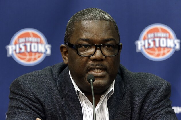 Detroit Pistons President of Basketball Operations Joe Dumars speaks at the NBA basketball team's training facility in Auburn Hills, Mich., Friday, June 28, 2013.  (AP Photo/Paul Sancya)