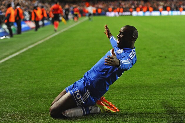 LONDON, ENGLAND - APRIL 08:  Demba Ba of Chelsea celebrates scoring their second goal during the UEFA Champions League Quarter Final second leg match between Chelsea and Paris Saint-Germain FC at Stamford Bridge on April 8, 2014 in London, England.  (Photo by Mike Hewitt/Getty Images)