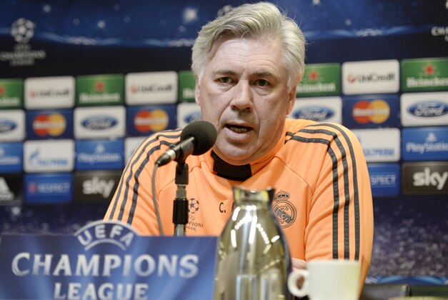Real's head coach Carlo Ancelotti talks to the media at a press conference prior the UEFA Champions League second leg soccer match between Borussia Dortmund and Real Madrid in Dortmund, Monday, April 7, 2014.  (AP Photo/Martin Meissner)