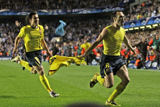 Barcelona's Andres Iniesta, right, celebrates after scoring his sides equalising goal during their Champions League semifinal second leg soccer match against Chelsea at Chelsea's Stamford Bridge stadium in London, Wednesday, May, 6, 2009. (AP Photo/ Matt Dunham) Barcelona's Andres Iniesta, right, celebrates after scoring his sides equalising goal during their Champions League semifinal second leg soccer match against Chelsea at Chelsea's Stamford Bridge stadium in London, Wednesday, May, 6, 2009. (AP Photo/ Matt Dunham)