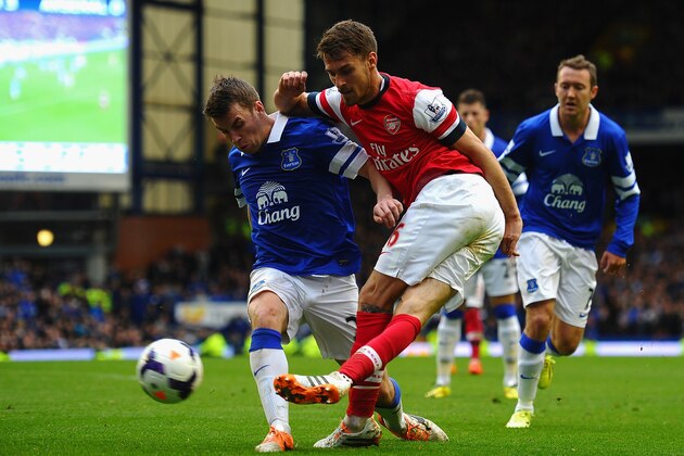 LIVERPOOL, ENGLAND - APRIL 06:  Aaron Ramsey of Arsenal  competes with Seamus Coleman of Everton during the Barclays Premier League match between Everton and Arsenal at Goodison Park on April 6, 2014 in Liverpool, England.  (Photo by Laurence Griffiths/Getty Images)