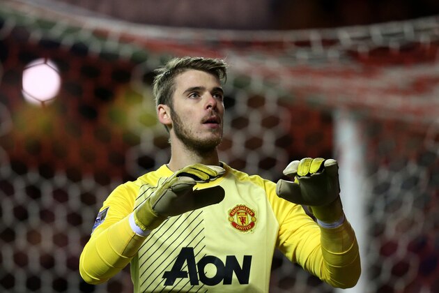 Manchester United's goalkeeper David de Gea during their English League Cup semifinal first leg soccer match against Sunderland at the Stadium of Light, Sunderland, England, Tuesday, Jan. 7, 2014. (AP Photo/Scott Heppell)