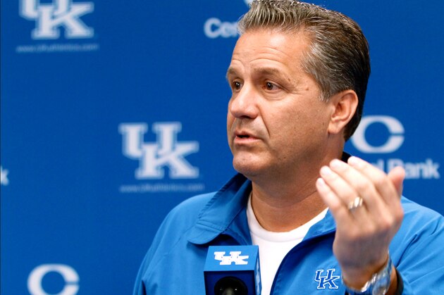 ARLINGTON, TX - APRIL 07: Head coach John Calipari of the Kentucky Wildcats reacts during the NCAA Men's Final Four Championship against the Connecticut Huskies at AT&T Stadium on April 7, 2014 in Arlington, Texas.  (Photo by Jamie Squire/Getty Images)
