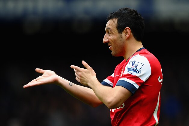 LIVERPOOL, ENGLAND - APRIL 06:  Santi Cazorla of Arsenal  reacts during the Barclays Premier League match between Everton and Arsenal at Goodison Park on April 6, 2014 in Liverpool, England.  (Photo by Laurence Griffiths/Getty Images)