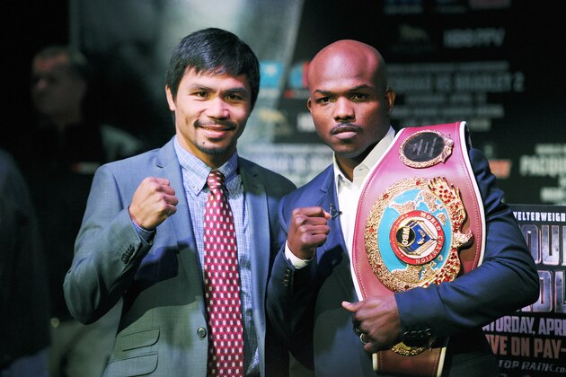 NEW YORK, NY - FEBRUARY 06: Manny Pacquiao, left, and Timothy Bradley stand for photos during the press conference to promote their upcoming WBO welterweight champtionship rematch at New World Stages on February 6, 2014 in New York City.  (Photo by Maddie Meyer/Getty Images)