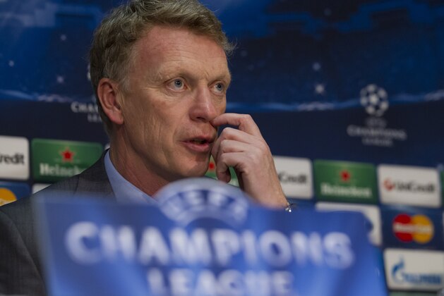 Manchester United's manager David Moyes speaks during a press conference at Old Trafford Stadium, Manchester, England, Monday, March 31, 2014. Manchester United will play Bayern Munich in a Champions League quarter final first leg soccer match on Tuesday. (AP Photo/Jon Super)
