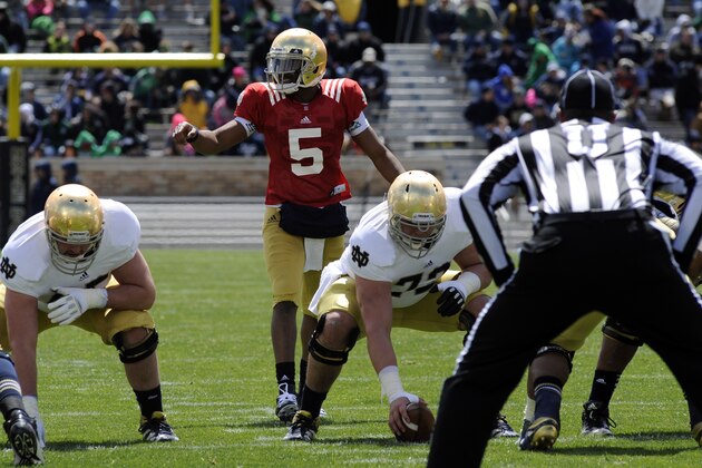 Notre Dame quarterback Everett Golson calls out a play during the Blue Gold game in April 20,2013  in South Bend, Ind. (AP Photo/Joe Raymond)