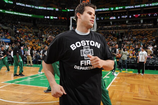 BOSTON, MA - MARCH 30: Kris Humphries #43 of the Boston Celtics gets introduced before a game against the Chicago Bulls on March 30, 2014 at the TD Garden in Boston, Massachusetts.  NOTE TO USER: User expressly acknowledges and agrees that, by downloading and or using this photograph, User is consenting to the terms and conditions of the Getty Images License Agreement. Mandatory Copyright Notice: Copyright 2014 NBAE  (Photo by Steve Babineau/NBAE via Getty Images)