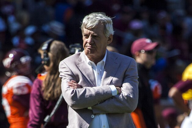 Apr 20, 2013; Blacksburg, VA, USA; Virginia Tech Hokies head coach Frank Beamer during the Virginia Tech Hokies spring game at Lane Stadium. Mandatory Credit: Peter Casey-USA TODAY Sports