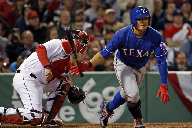 Texas Rangers' Shin-Soo Choo watches his RBI double in front of Boston Red Sox catcher A.J. Pierzynski during the fifth inning of a baseball game at Fenway Park in Boston, Tuesday, April 8, 2014. (AP Photo/Elise Amendola) Texas Rangers' Shin-Soo Choo watches his RBI double in front of Boston Red Sox catcher A.J. Pierzynski during the fifth inning of a baseball game at Fenway Park in Boston, Tuesday, April 8, 2014. (AP Photo/Elise Amendola)
