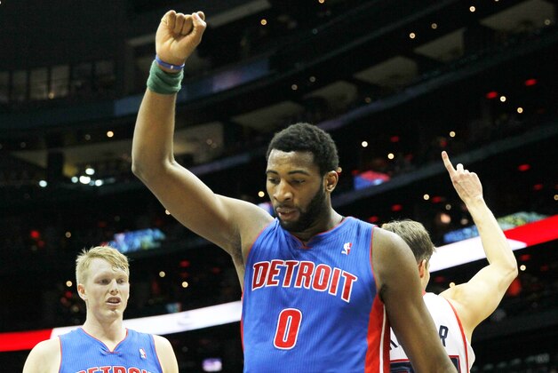 Detroit Pistons center Andre Drummond (0) reacts after being fouled in the first period in an NBA basketball game against the Atlanta Hawks in Atlanta, Tuesday, April 8, 2014. The Pistons won the game 102-95  (AP Photo/Todd Kirkland)