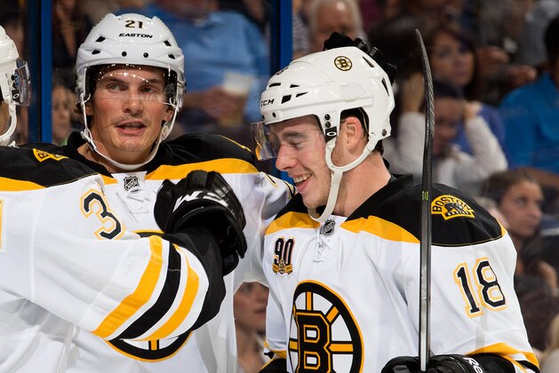 TAMPA, FL - OCTOBER 19: Patrice Bergeron #37 of the Boston Bruins celebrates his goal with teammates Loui Eriksson #21 and Reilly Smith #18 during the second period of tonight's game against the Tampa Bay Lightning at the Tampa Bay Times Forum on October 19, 2013 in Tampa, Florida. (Photo by Scott Audette/NHLI via Getty Images) TAMPA, FL - OCTOBER 19: Patrice Bergeron #37 of the Boston Bruins celebrates his goal with teammates Loui Eriksson #21 and Reilly Smith #18 during the second period of tonight's game against the Tampa Bay Lightning at the Tampa Bay Times Forum on October 19, 2013 in Tampa, Florida. (Photo by Scott Audette/NHLI via Getty Images)
