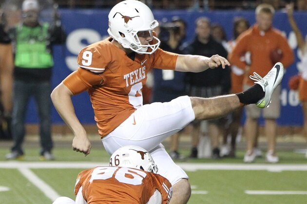 Oct 6, 2012; Austin, TX, USA; Texas Longhorns kicker Anthony Fera (9) kicks a field goal during the game against the West Virginia Mountaineers at Darrell K Royal-Texas Memorial Stadium. West Virginia beat Texas 48-45. Mandatory Credit: Tim Heitman-USA TODAY Sports