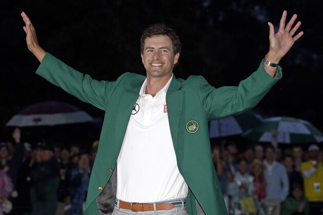 ADVANCE FOR WEEKEND EDITIONS, APRIL 5-6 - FILE - In this April 14, 2013 file photo, Adam Scott, of Australia, celebrates with his green jacket after winning the Masters golf tournament in Augusta, Ga. The final round of the Masters will be all about a green jacket. Only one player from the top five in the world has won this year. The last 24 majors have been won by 21 players. The Masters long was known as having the fewest legitimate contenders. That's no longer the case. (AP Photo/Matt Slocum, File)
