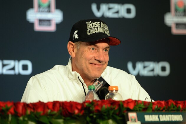 PASADENA, CA - JANUARY 01:  Head coach Mark Dantonio of the Michigan State Spartans answers questions after defeating the Stanford Cardinal 24-20 in the 100th Rose Bowl Game presented by Vizio at the Rose Bowl on January 1, 2014 in Pasadena, California.  (Photo by Harry How/Getty Images)