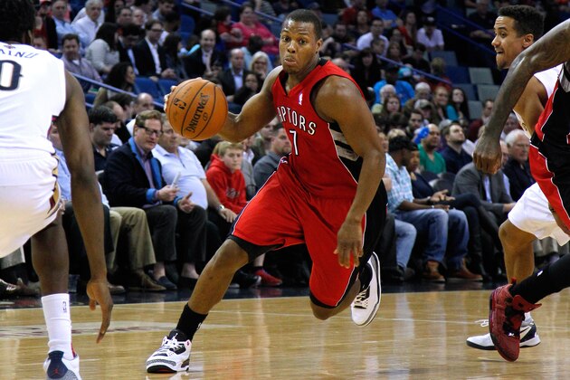 Toronto Raptors guard Kyle Lowry (7) drives with the ball during the first half of an NBA basketball game against the New Orleans Pelicans in New Orleans, Wednesday, March 19, 2014. The Raptors won 107-100. (AP Photo/Jonathan Bachman)