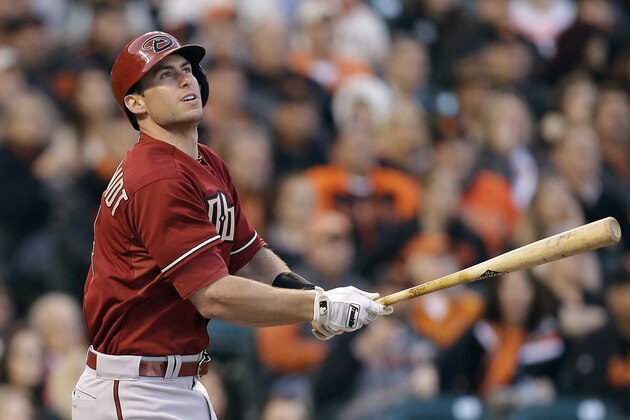Arizona Diamondbacks' Paul Goldschmidt watches his three run home run off San Francisco Giants' Tim Lincecum in the first inning of a baseball game Wednesday, April 9, 2014, in San Francisco. (AP Photo/Ben Margot)
