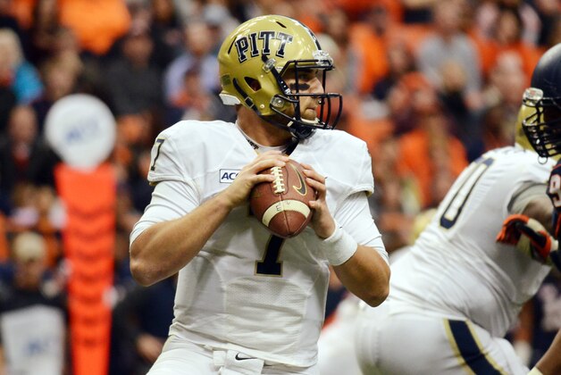 Pittsburgh quarterback Tom Savage lines up to throw a pass during their 17-16 win against Syracuse in an NCAA college football game at the Carrier Dome in Syracuse, N.Y., Saturday, Nov. 23, 2013. (AP Photo/Heather Ainsworth)