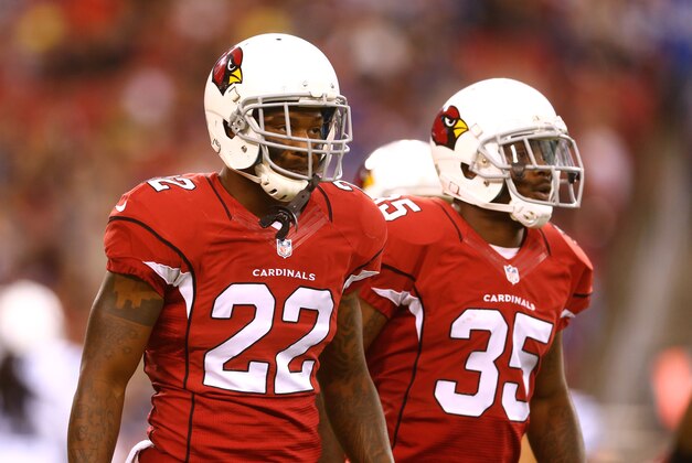 Nov 24, 2013; Phoenix, AZ, USA; Arizona Cardinals safety Tony Jefferson (22) and cornerback Javier Arenas (35) against the Indianapolis Colts at University of Phoenix Stadium. Mandatory Credit: Mark J. Rebilas-USA TODAY Sports