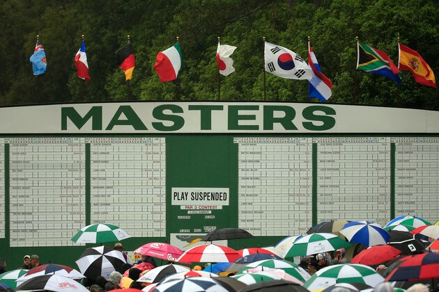 AUGUSTA, GA - APRIL 07:  Patrons are evacuated from the course after play was suspended due to weather during a practice round prior to the start of the 2014 Masters Tournament at Augusta National Golf Club on April 7, 2014 in Augusta, Georgia.  (Photo by Rob Carr/Getty Images)