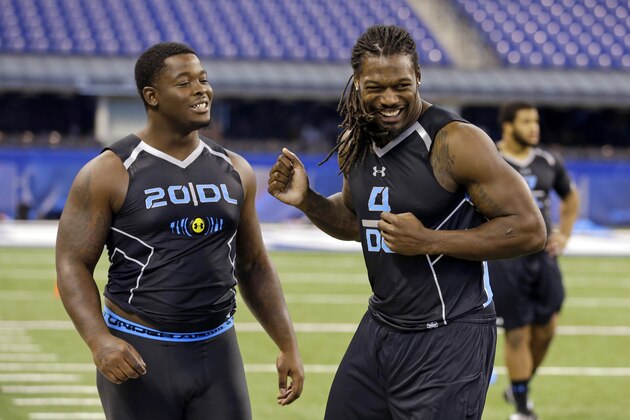 South Carolina defensive lineman Jadeveon Clowney, left, jokes with Florida State defensive lineman Timmy Jernigan during drills at the NFL football scouting combine in Indianapolis, Monday, Feb. 24, 2014. (AP Photo/Michael Conroy) South Carolina defensive lineman Jadeveon Clowney, left, jokes with Florida State defensive lineman Timmy Jernigan during drills at the NFL football scouting combine in Indianapolis, Monday, Feb. 24, 2014. (AP Photo/Michael Conroy)