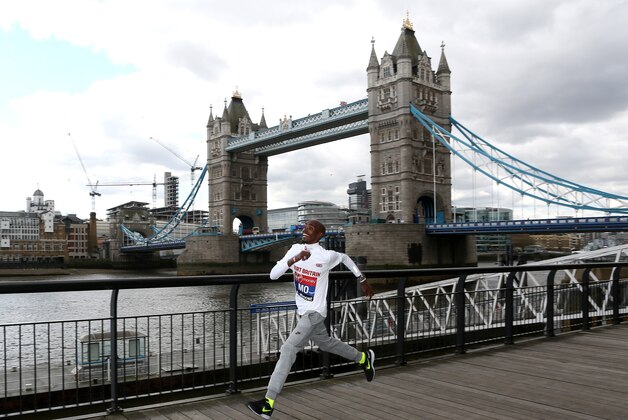 LONDON, ENGLAND - APRIL 08: Great Britain's Mo Farah poses for a photo during the Virgin Money London Marathon - Previews on April 08, 2014 in London, England. (Photo by Charlie Crowhurst/Getty Images)
