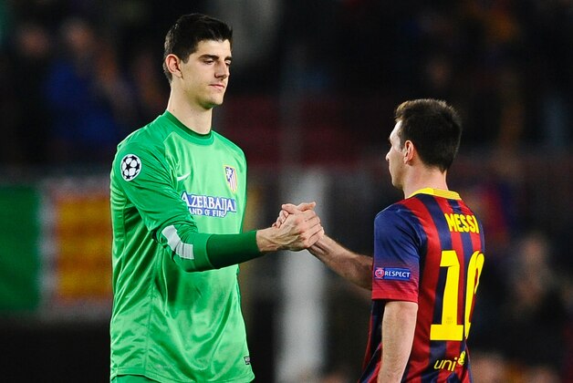 BARCELONA, SPAIN - APRIL 01: Thibaut Courtois of Club Atletico de Madrid shakes hands with Lionel Messi of Barcelona after the UEFA Champions League Quarter Final first leg match between FC Barcelona and Club Atletico de Madrid at Camp Nou on April 1, 2014 in Barcelona, Spain.  (Photo by David Ramos/Getty Images)