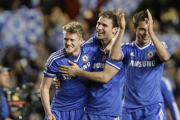 Chelaea's Andre Schuerrle, left, Branislav Ivanovic, centre, and Cesar Azpilicueta celebrate winning the Champions League second leg quarterfinal soccer match between Chelsea and Paris Saint-Germain at Stamford Bridge Stadium in London, Tuesday, April 8, 2014. (AP Photo/Kirsty Wigglesworth) Chelaea's Andre Schuerrle, left, Branislav Ivanovic, centre, and Cesar Azpilicueta celebrate winning the Champions League second leg quarterfinal soccer match between Chelsea and Paris Saint-Germain at Stamford Bridge Stadium in London, Tuesday, April 8, 2014. (AP Photo/Kirsty Wigglesworth)