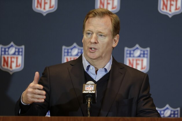 NFL Commissioner Roger Goodell answers questions during a news conference at the NFL football annual meeting in Orlando, Fla., Wednesday, March 26, 2014. (AP Photo/John Raoux)