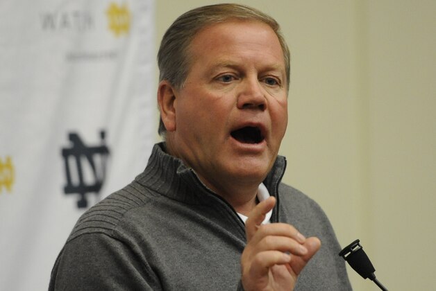 Notre Dame football coach Brian Kelly talks to the media as spring football practice begins Friday, Feb. 28, 2014 in South Bend, Ind. (AP Photo/Joe Raymond) Notre Dame football coach Brian Kelly talks to the media as spring football practice begins Friday, Feb. 28, 2014 in South Bend, Ind. (AP Photo/Joe Raymond)