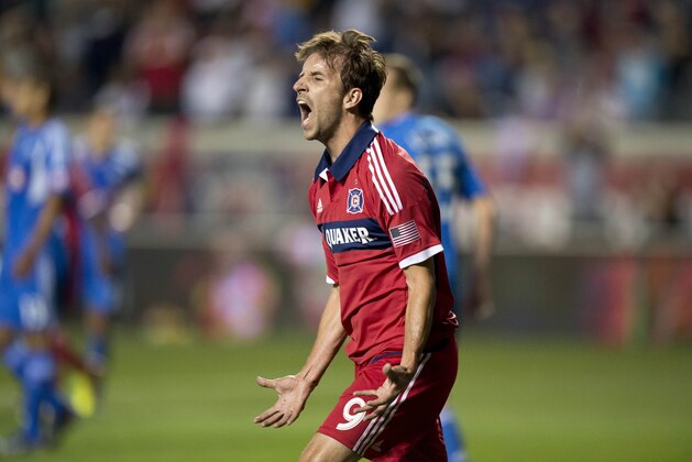 In this photo provided by the Chicago Fire, Chicago Fire forward Mike Magee celebrates his goal during the second half of an MLS soccer game against the Montreal Impact, Saturday, Sept. 28, 2013 in Bridgeview, Ill. The Fire and Impact tied 2-2. (AP Photo/Chicago Fire, Brian Kersey)