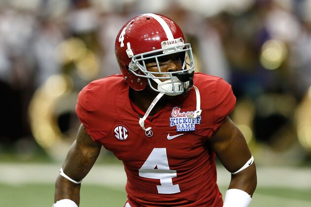 ATLANTA, GA - AUGUST 31:  Eddie Jackson #4 of the Alabama Crimson Tide against the Virginia Tech Hokies at Georgia Dome on August 31, 2013 in Atlanta, Georgia.  (Photo by Kevin C. Cox/Getty Images)