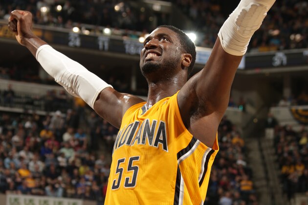 INDIANAPOLIS - MARCH 31: Roy Hibbert #55 of the Indiana Pacers celebrates during the game against the San Antonio Spurs at Bankers Life Fieldhouse on March 31, 2014 in Indianapolis, Indiana. NOTE TO USER: User expressly acknowledges and agrees that, by downloading and or using this Photograph, user is consenting to the terms and condition of the Getty Images License Agreement. Mandatory Copyright Notice: 2014 NBAE (Photo by Ron Hoskins/NBAE via Getty Images) INDIANAPOLIS - MARCH 31: Roy Hibbert #55 of the Indiana Pacers celebrates during the game against the San Antonio Spurs at Bankers Life Fieldhouse on March 31, 2014 in Indianapolis, Indiana. NOTE TO USER: User expressly acknowledges and agrees that, by downloading and or using this Photograph, user is consenting to the terms and condition of the Getty Images License Agreement. Mandatory Copyright Notice: 2014 NBAE (Photo by Ron Hoskins/NBAE via Getty Images)