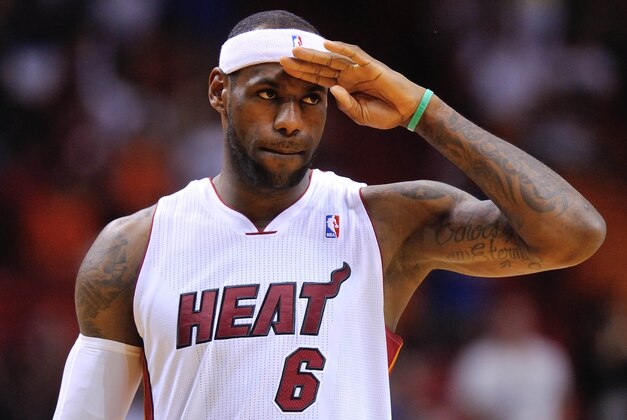 Apr 6, 2014; Miami, FL, USA; Miami Heat forward LeBron James (6) prior to tip off against the New York Knicks at American Airlines Arena. Mandatory Credit: Steve Mitchell-USA TODAY Sports