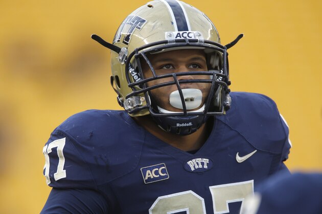 Pittsburgh defensive lineman Aaron Donald (97) during warmup before an NCAA football game between Pittsburgh and Miami on Friday, Nov. 29, 2013 in Pittsburgh. (AP Photo/Keith Srakocic)